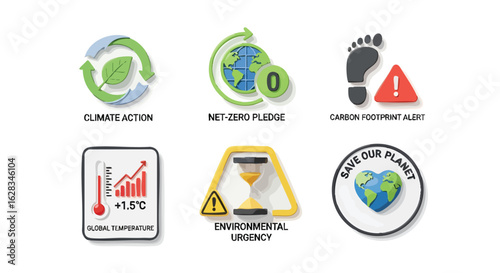 A collection of environmental icons representing climate action, net-zero pledges, carbon footprint warnings, rising global temperatures, environmental urgency, and the call to save our planet on a