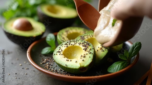Avocado slice sprinkled with black sesame seed served on ceramic plate with half avocado and small bowl of sauce fresh green fruit healthy snack appetizer rich flavor smooth texture 