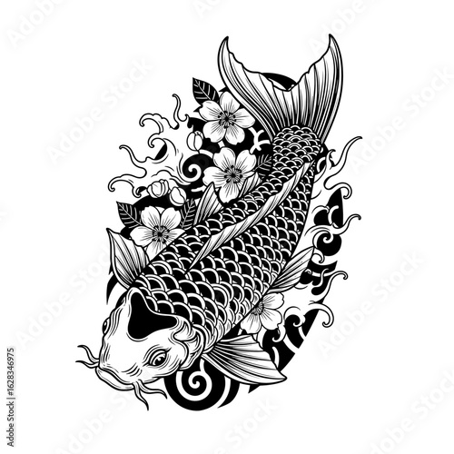 Black and white graphic illustration of a koi fish, adorned with stylized floral and water elements.