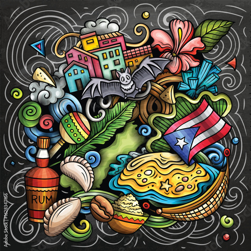 Puerto Rico cartoon vector doodle chalkboard illustration