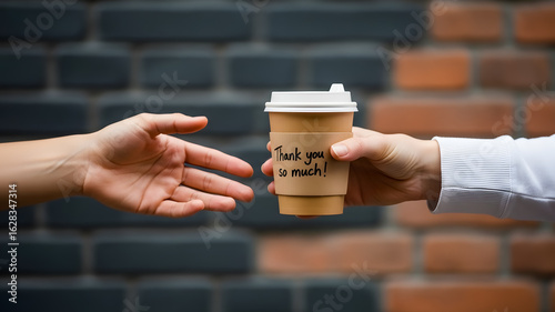 Generous person handing coffee with gratitude to another person, thank you so much
