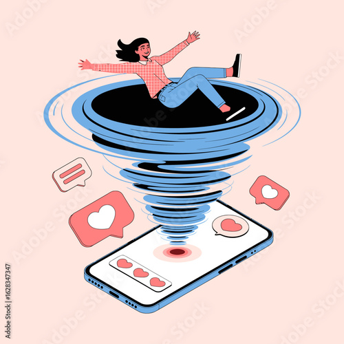 Digital illustration of a young woman being sucked into a smartphone vortex, symbolizing social media addiction, digital overwhelm, and the captivating pull of online likes and interactions.