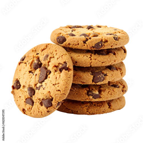 A stack of delicious chocolate chip cookies, featuring a golden-brown color and a crispy texture.