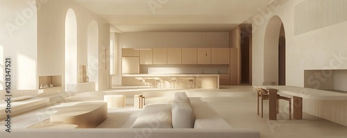 Spacious, minimalist interior design featuring light beige tones.