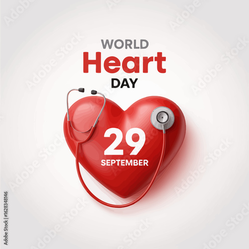 3D heart-shaped illustration with stethoscope celebrating World Heart Day on 29 September, highlighting global cardiovascular health awareness in a modern medical-themed design.