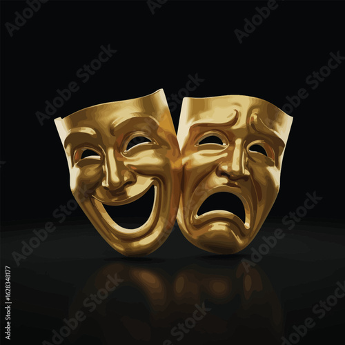 Golden Comedy and Tragedy Theater Masks with Reflective Surface