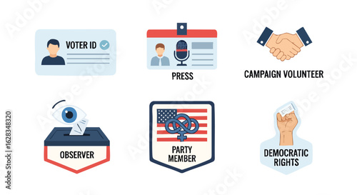 A collection of flat design illustrations depicts various elements related to voting, political campaigns, and civic engagement, suitable for use in educational materials or promotional content.