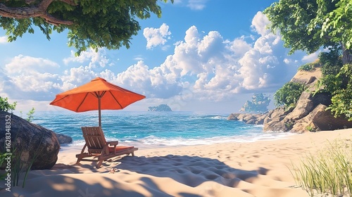 Tropical beach scene with sunshade