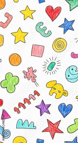 Whimsical Shapes Galore A Colorful Doodle Extravaganza on White - Stars, Hearts, Spirals, and More