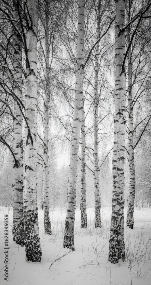 Fototapeta premium Winter birch forest, monochrome (1)