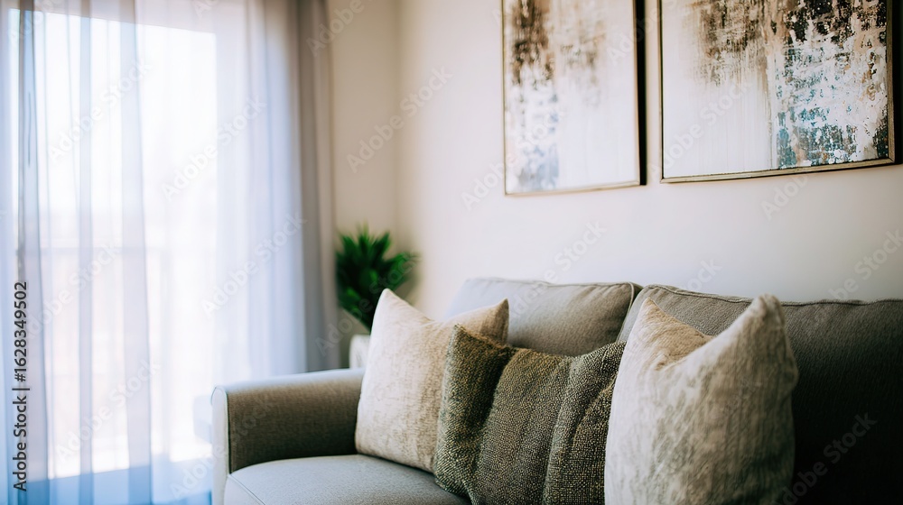 Fototapeta premium Beige sofa and abstract wall decor in modern living room, daylight through sheer curtain, wide angle view of Nordic cozy living space