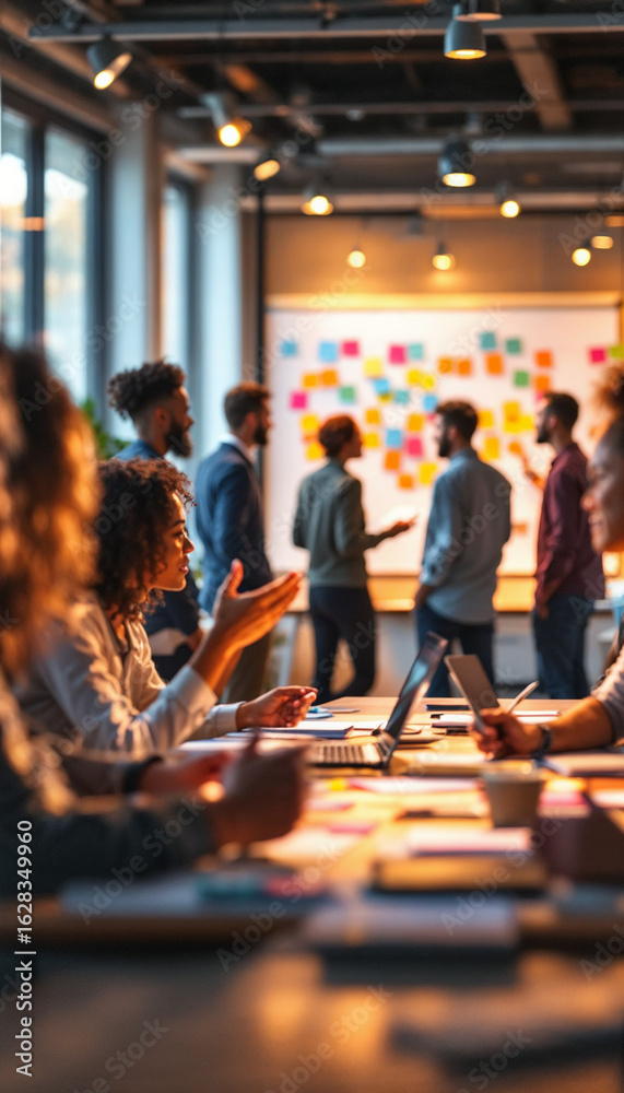 custom made wallpaper toronto digitalTeam brainstorms at table with warm light and blurred background.