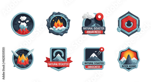 A collection of vector illustrations showcases natural disaster awareness badges, featuring volcanoes, mountains, and fire, ideal for educational and informational designs.