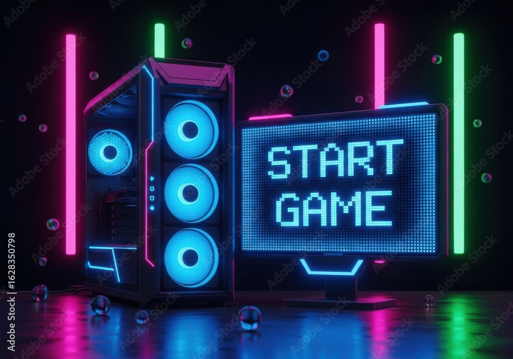 Fototapeta premium Immersive Neon Gaming Setup Featuring High-End PC and Illuminated Display