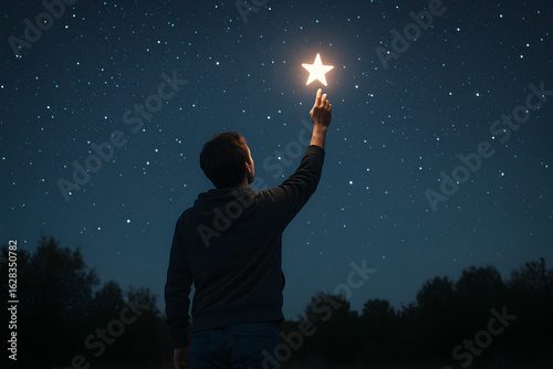 Person Reaching for a Bright Glowing Star in the Sky, A Metaphor for Ambition and Dreams