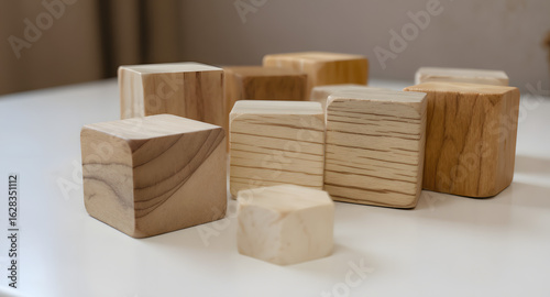 Arrangement of Raw Wooden Blocks on White Surface Close-up Composition and Play