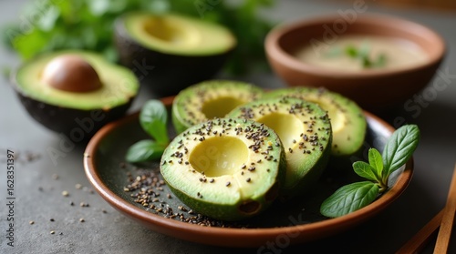 Avocado slice sprinkled with black sesame seed served on ceramic plate with half avocado and small bowl of sauce fresh green fruit healthy snack appetizer rich flavor smooth texture 
