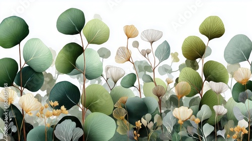 Elegant Green Eucalyptus Leaves and Dandelions on White Background