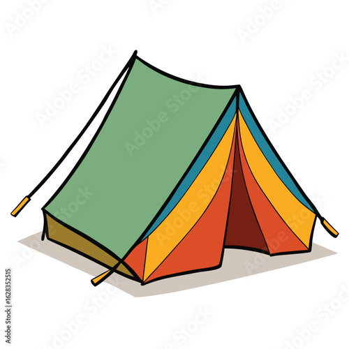 A colorful tent displayed prominently against a white background, showcasing its vibrant patterns and design