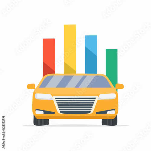 Yellow car with colorful bar charts symbolizing automotive data analysis vehicle statistics and performance metrics