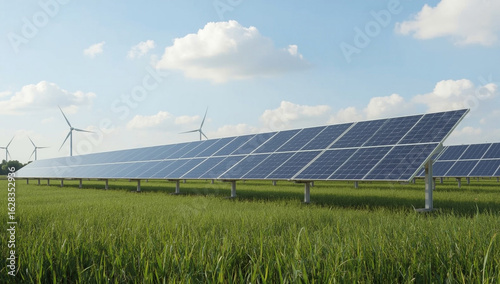 Close-up view of solar panels installed in large green agricultural field with blue sky background promoting renewable energy and eco-friendly electricity