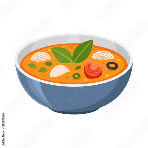 Vibrant bowl of soup with vegetables and fresh basil leaves