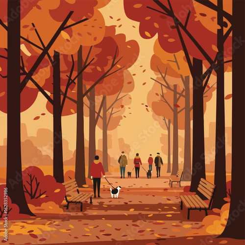 Autumn Park Path People Walking Dogs Flat Design