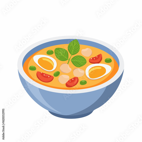 Delicious Bowl of Soup with Eggs, Tomatoes, and Fresh Herbs