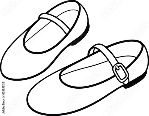 Classic Mary Jane shoes, black and white line art, children's footwear, fashion design vector, vintage style, buckle strap illustration