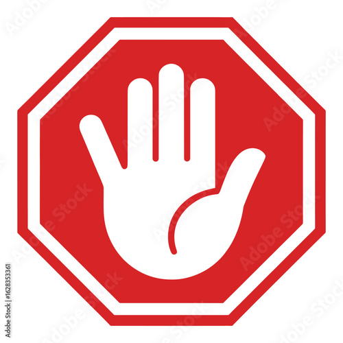 Red stop sign with hand icon in white symbolizing halt warning or danger and immediate attention needed