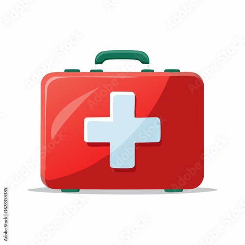 Cartoon Style Red First Aid Kit with Green Handle and Latches and White Medical Cross Symbol, Emergency Care