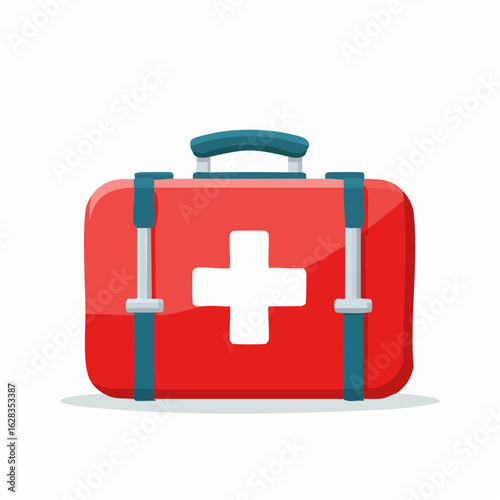 Red first aid kit with white cross symbol, essential medical emergency health care support equipment