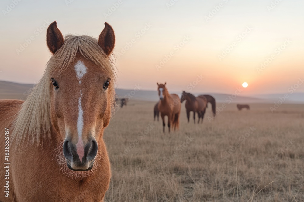 Obraz premium Horses Silhouetted Against a Vibrant Ranch Sunset