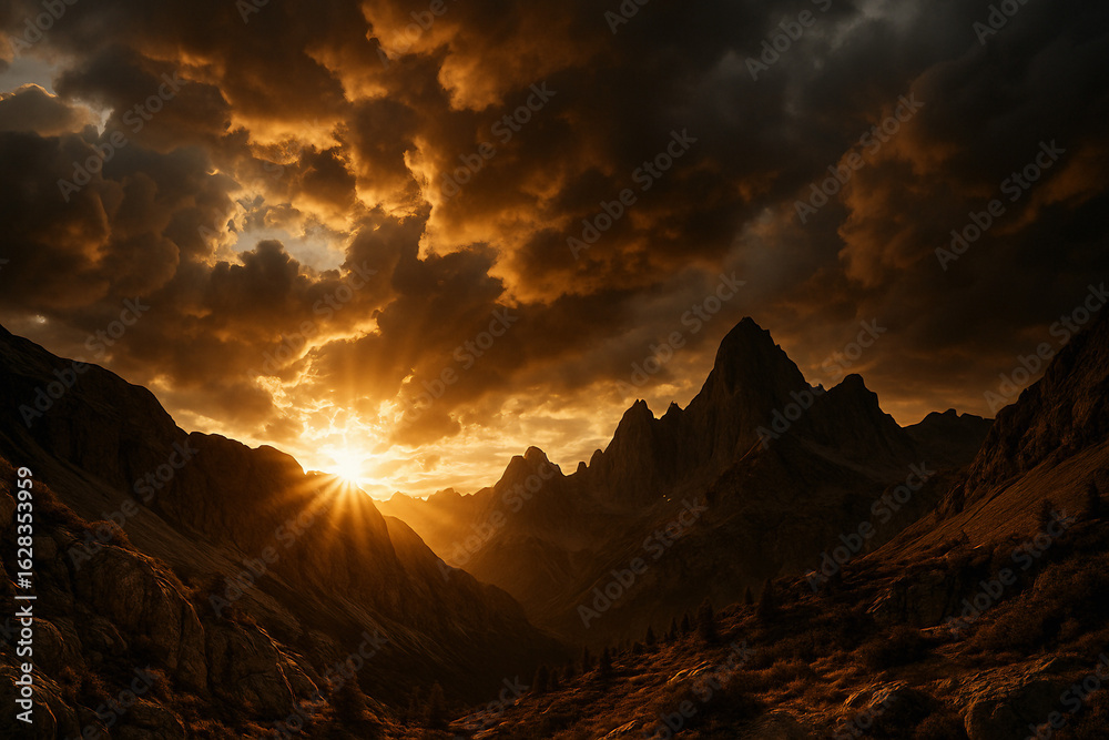 Obraz premium A sunrise through golden storm clouds over a rugged mountain landscape