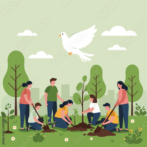 People planting trees for environmental protection and peace