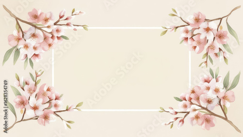 Elegant Floral Frame with Almond Blossoms and Copy Space for Invitations and Springtime Greetings