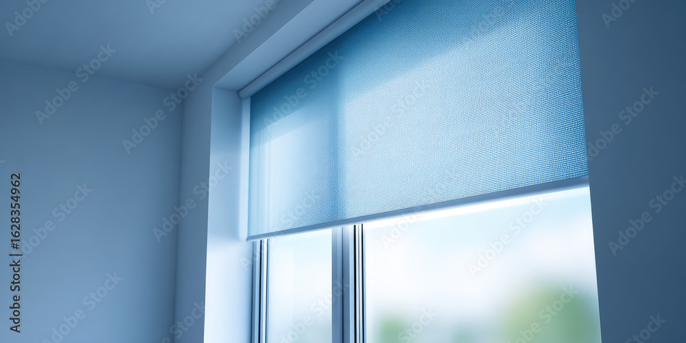 Fototapeta premium Blue roller blind partially covers a window, letting light in. Interior design, minimalist, natural light, modern home