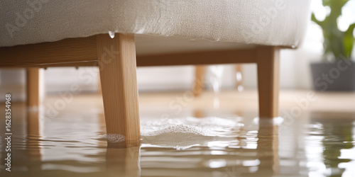 A wooden couch leg surrounded by standing water on a floor suggests a flooding situation indoors. Flood, water damage, indoors
