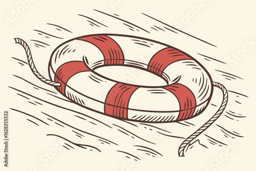  life preserver, red and white stripes, floating device, maritime, nautical, watercraft safety equipment, sketch-like digital illustration