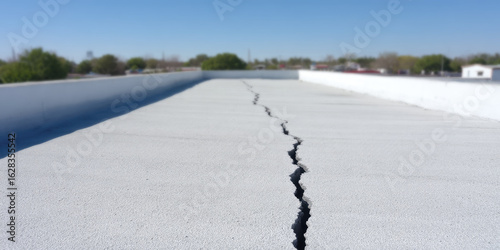 A large crack runs through a concrete surface with trees in the distance. Concept: damage, construction flaw, structural concern