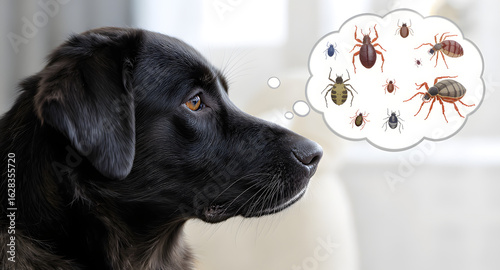 Black dog contemplates insects in a thought bubble vector illustration