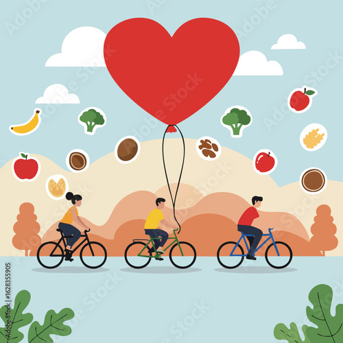 Active Healthy Lifestyle Cycling with Heart and Nutritious Food