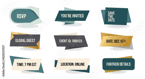 A collection of stylized event invitation banners with various text prompts, including RSVP, date, location, and further details, designed with a modern and geometric aesthetic.