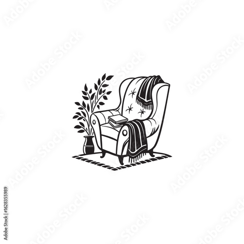 Bold black silhouette vector of a cozy upholstered chair . black vector of chair