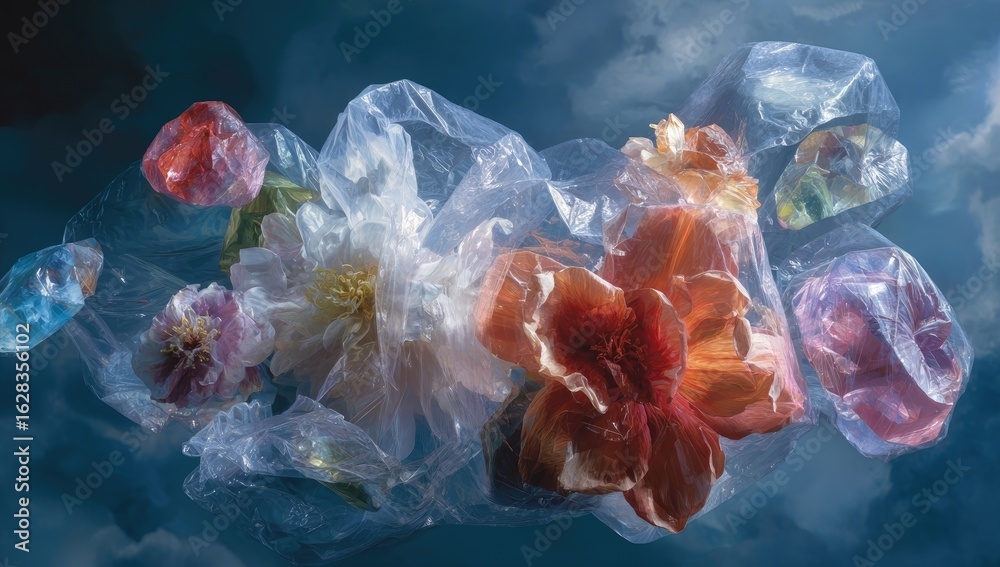 Fototapeta premium Floating flowers trapped in plastic bags