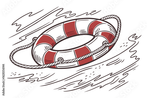  life preserver, red and white stripes, floating device, maritime, nautical, watercraft safety equipment, sketch-like digital illustration