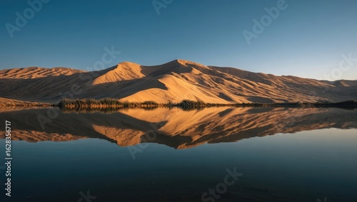 Calm lake reflecting a golden mountain range at sunrise