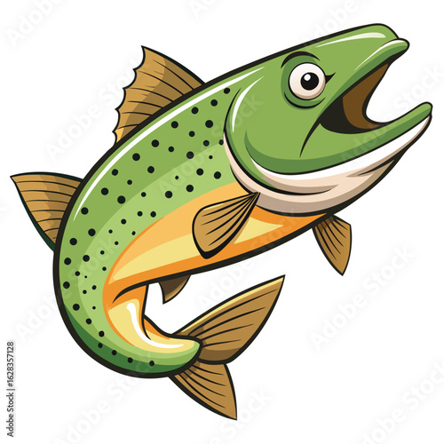 Cartoon trout fish with a large mouth, featuring vibrant colors and a playful expression