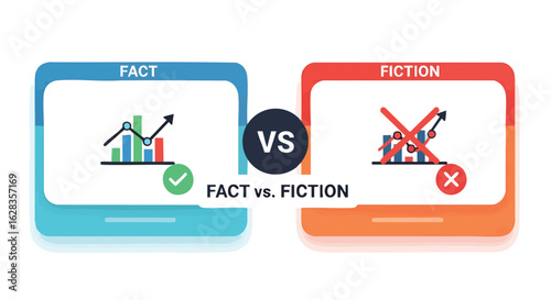 An infographic illustrating the contrast between fact and fiction, showcasing data analysis with positive and negative trends, suitable for business and educational presentations.