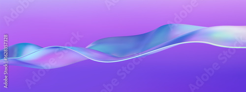 3D wave abstract liquid background with glass ribbon fluid shapes. Blue gradient holographic elements swirl with iridescent flow and neon light. Transparent flying objects create bright spectral movem